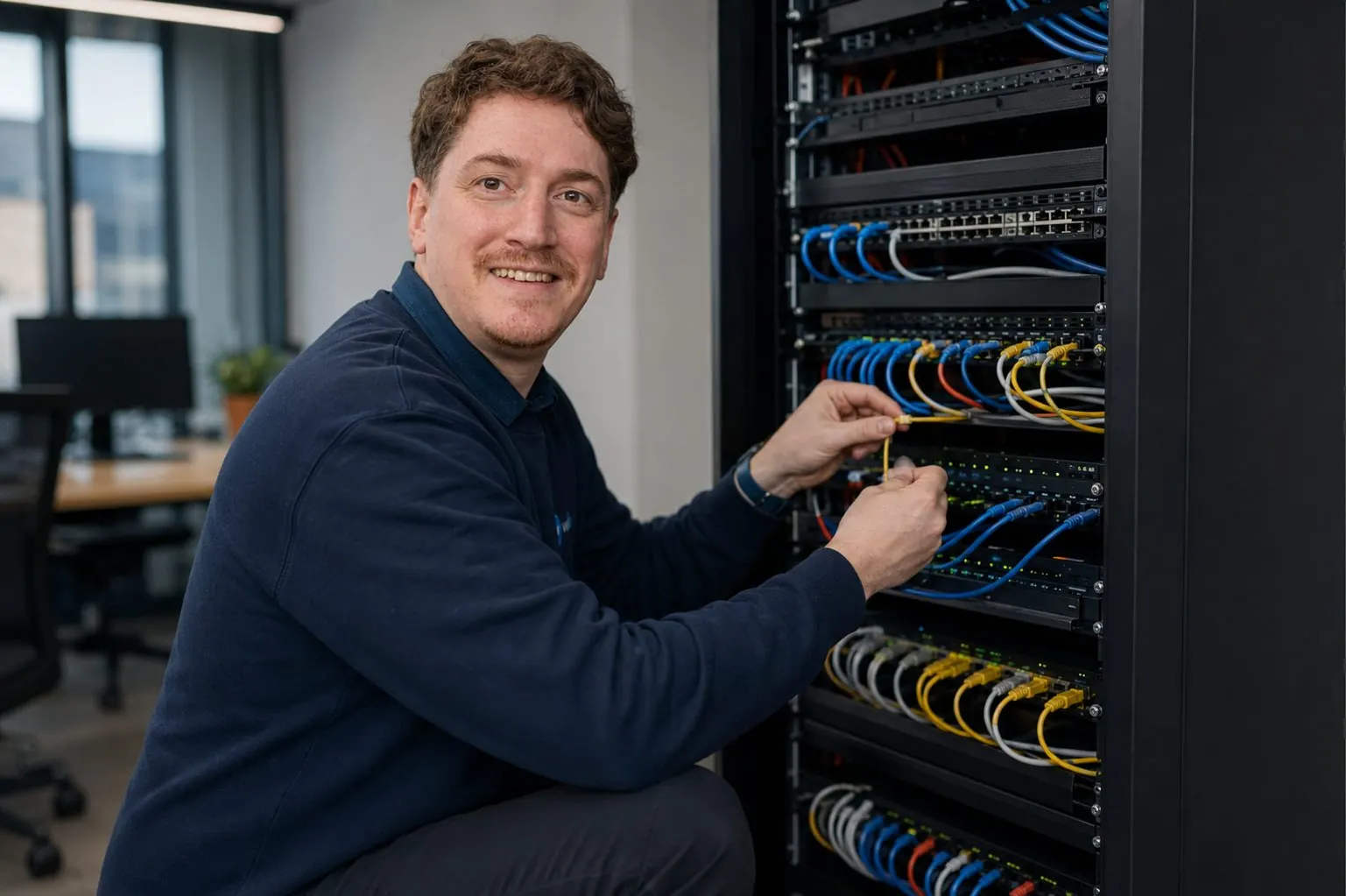 WikiTech engineer patching a network cabinet