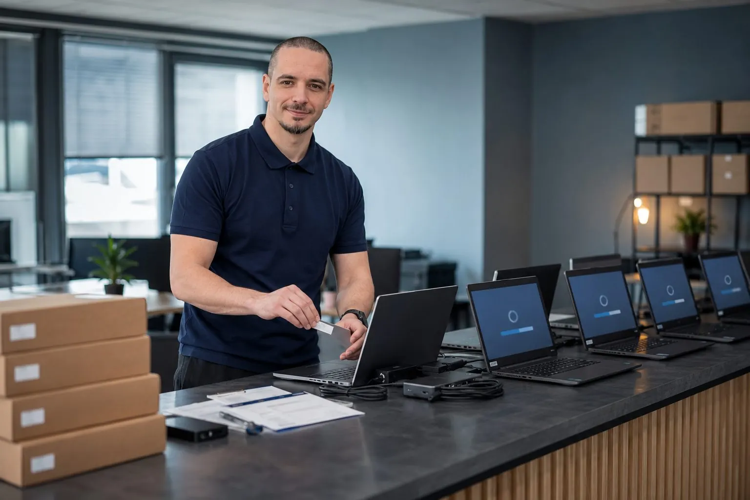 WikiTech engineer preparing devices at the staging bench